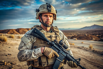 Strong, determined male marine in combat gear and helmet, holding rifle, standing in a desert or war zone environment with a serious expression.
