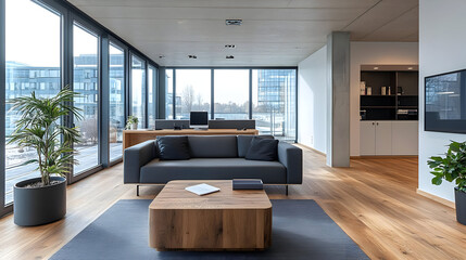 Naklejka premium Modern office interior with large windows, grey sofa and wooden coffee table.