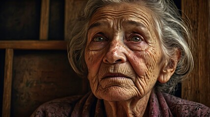 Old woman looking sadly, elderly aged lady portrait in solitude