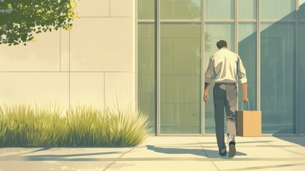 A man walks towards a modern building carrying a box, likely representing a job transition or new beginning in a bright, sunny setting.