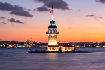 New Maiden's Tower (Yeni Kiz Kulesi) in the Sunset Time Colors Drone Photo, Uskudar Istanbul, Turkiye (Turkey)