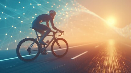 Obraz premium A cyclist rides on a modern road, illuminated by digital patterns and a warm sunset in the background, creating a dynamic scene.