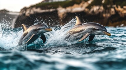 Obraz premium Dolphins engaging in a game of chasing each other, with their bodies partially out of the water and creating dynamic splashes in a vibrant sea environment.