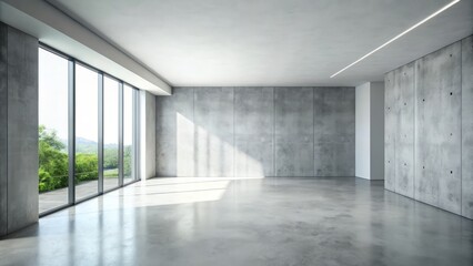 Fototapeta premium Empty modern interior scene featuring a light gray concrete floor, white walls, and a subtle gradient background, ideal for product or lifestyle photography.