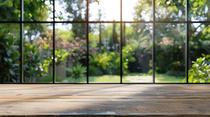 Naklejka premium Blank wooden table with blurred garden window view, offering space for product display against a scenic backyard.