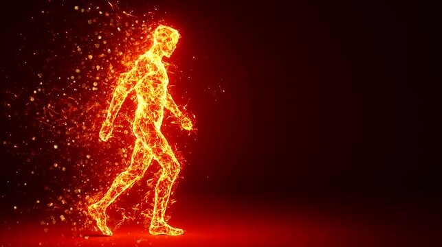 Seamless looping 4k time-lapse animation video background of a fiery figure dissolving into glowing sparks while walking in a dark environment. Fire and energy concept
