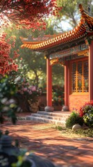 Fototapeta premium A red and orange building with a red roof and a white door. The building is surrounded by a garden with flowers and plants. The scene is peaceful and serene, with the sun shining on the building