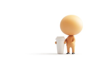 3D character with red tie holding up two large take-away coffee cups. Isolated on white background.