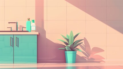 A serene bathroom scene featuring a potted plant and vibrant accessories, showcasing a modern and minimalist design aesthetic.