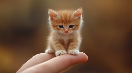 Adorable ginger kitten balanced on fingertip in autumn