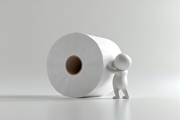 3D Character leaning on toilet paper roll. 3D rendering isolated on white.