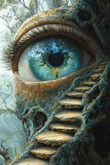 Surreal landscape with a large eye integrated into rocky terrain, featuring pathways leading to the eye, symbolizing the connection between human consciousness and the natural world