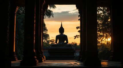 The silhouette of a Buddha statue framed by traditional temple architecture, with soft twilight lighting enhancing the peaceful and contemplative mood.