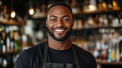 Fototapeta premium A portrait of an attractive African American bartender man with short hair and beard, wearing black apron over dark t-shirt smiling at camera, bar background, s