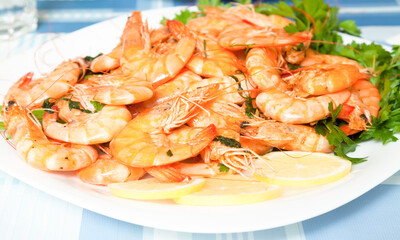 Cooked prawns on plate close up