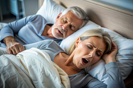 Tired woman lying awake in bed beside her sleeping partner, who is snoring loudly, with a mixture of frustration and exhaustion on her face.