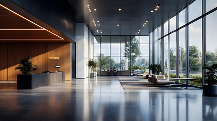 Modern office lobby with large windows and sleek furniture.