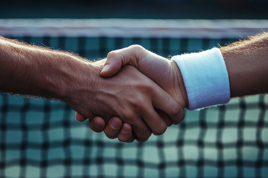 Respect in sports. Two tennis players shake hands in front of the tennis net