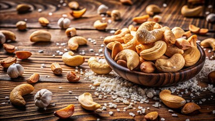 Fototapeta premium Golden brown salted cashews scattered on a rustic wooden table, surrounded by scattered shells and a few whole nuts, evoking a sense of warm, earthy comfort.