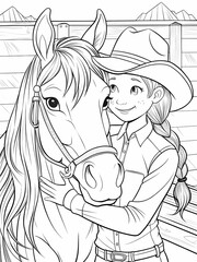 Cowgirl Hugging Horse Coloring Page for Kids' Emotional Connection