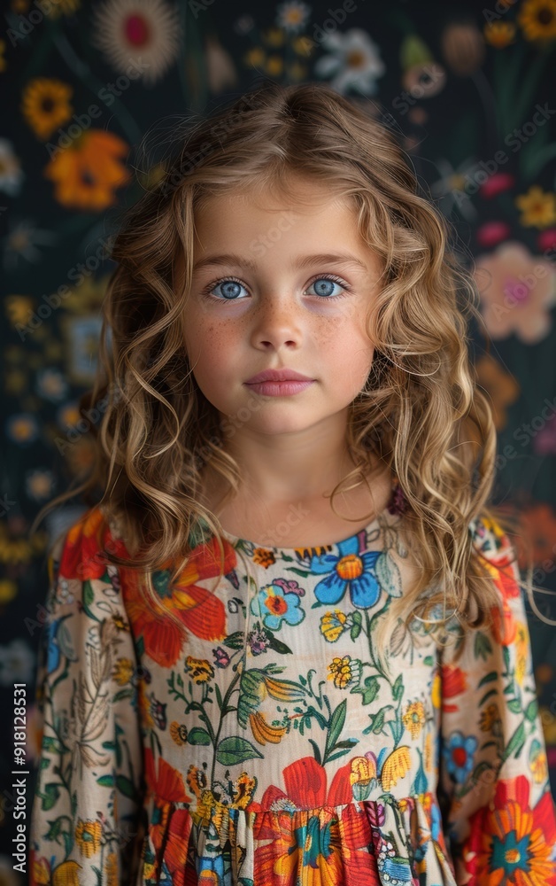 Poster a young girl with long blonde hair is wearing a floral dress. she has a blue eye and a smile on her 