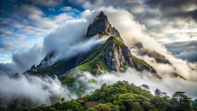 Isolated mountain peak shrouded in mist, surrounded by rugged terrain and dense foliage, conveying a sense of remoteness and inaccessibility.