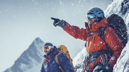 A photo of two mountain climbers facing each other on top, one pointing to the sky and shouting in anger, while holding climbing equipment, with heavy snow falling around them