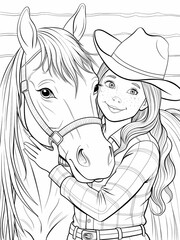 Cowgirl Hugging Horse Coloring Page for Kids' Emotional Connection