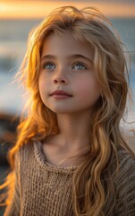 A young blonde girl with blue eyes is standing on a beach. She is wearing a brown sweater and has long hair