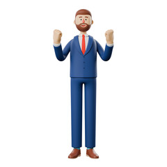3D illustration of smiling bearded businessman very happy and excited doing winner gesture with arms raised, smiling and screaming for success. 3D rendering on white background.