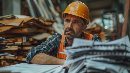 Frustrated Construction Worker in Hard Hat Overwhelmed with Paperwork in Industrial Setting