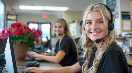 Two Beautiful Blonde Women Working as Customer Service Representatives in a Modern Office