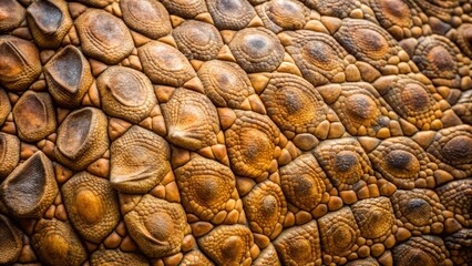 Macro close-up of scaly, weathered dinosaur skin texture, showcasing intricate pattern of raised bumps, folds, and ancient imperfections in muted earth tones.
