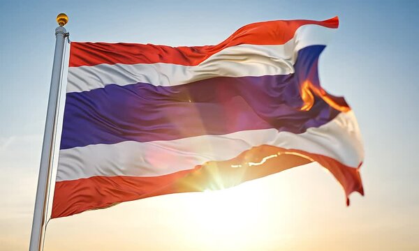 Thai Flag Waving in the Sunset: A vibrant Thai flag billows proudly in the wind, bathed in the warm glow of the setting sun. Capture the spirit of Thailand and its enduring legacy.
