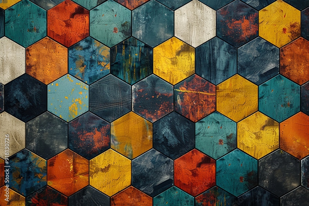Poster colorful hexagonal tiles create a striking mosaic pattern on a textured surface. generative ai