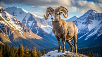 Majestic male bighorn ram standing proudly on a mountainous terrain, showcasing its curved horns and thick winter coat against a softly focused mountain backdrop.