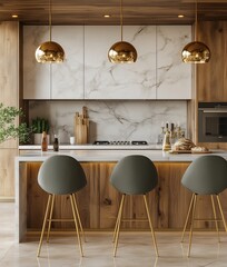 Modern kitchen interior design, marble white and wood color