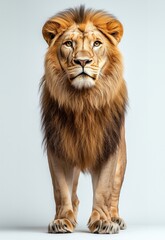 Fototapeta premium full body lion standing on a white background, detailed rendering of its fur
