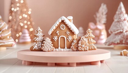 Blank Circle Podium with Gingerbread House Background  Christmas Spirit Christmas