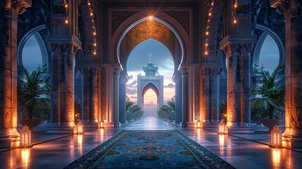 Eid ul adha decoration and islamic watercolour greeting card background with a mosque landscape.