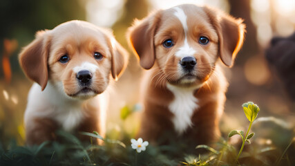 Outdoor portrait of two cute puppies.