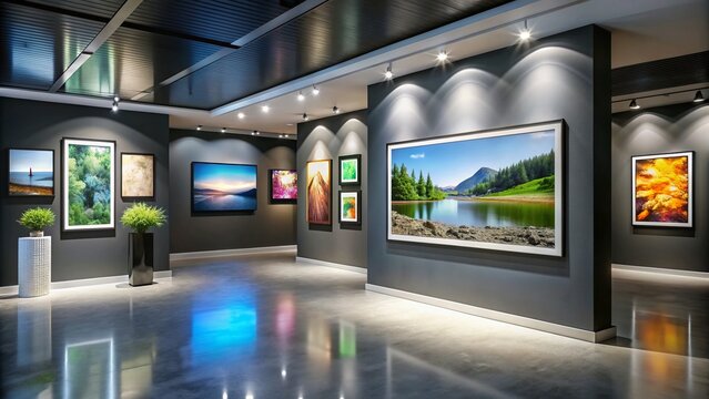 Modern digital picture frame displaying a colorful photography exhibition on a sleek black wall in a spacious contemporary art gallery interior.