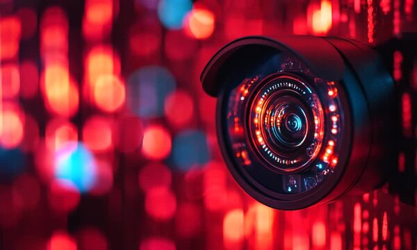 A security camera lens focusing on a digital interface with facial recognition technology overlay Concept Technology Surveillance Facial recognition Security camera Digital interface