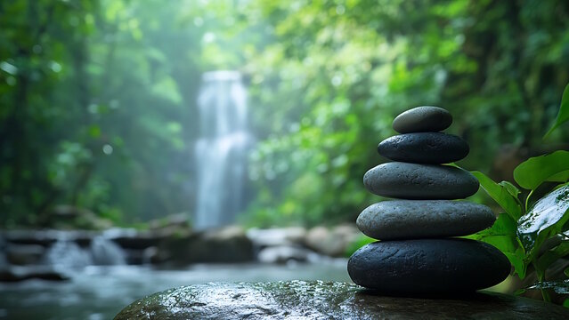 Stone pyramid near a tropical waterfall. The concept of harmony and balance.