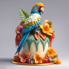 Cake shaped like a parrot with tropical flowers.