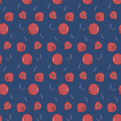 Pomegranate seamless pattern. Ripe fruit endless background. Dark vegetarian food repeat cover. Simple continuous ornament. Vector hand drawn doodle illustration.
