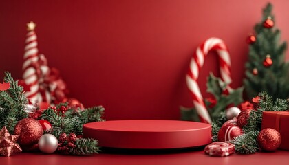 Christmas Candy Decorated Blank Circle Podium on Festive Background Christmas