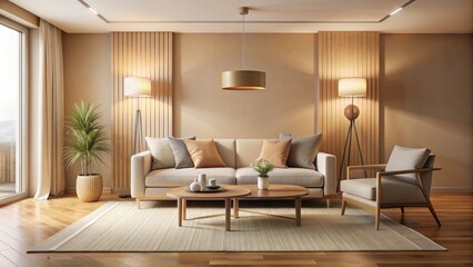 Fototapeta premium Modern minimalist living room with sleek 3D visuals, featuring a couch, coffee table, and floor lamp, set against a warm beige and cream color palette.