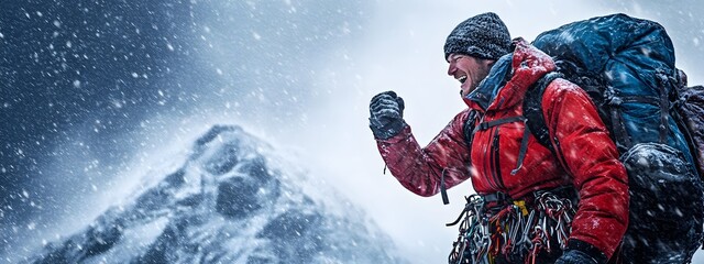 A photo of two mountain climbers facing each other on top, one pointing to the sky and shouting in anger, while holding climbing equipment, with heavy snow falling around them
