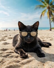 Obraz premium Cat in glasses on the beach, background, close-up